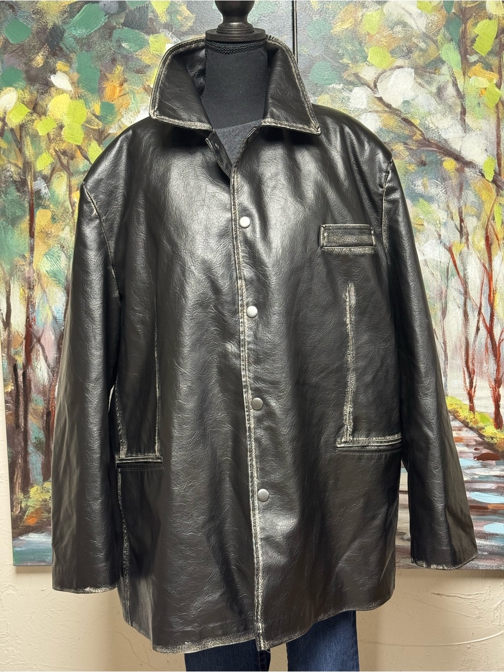 ZARA Vintage Effect Faux Leather Jacket Brown L